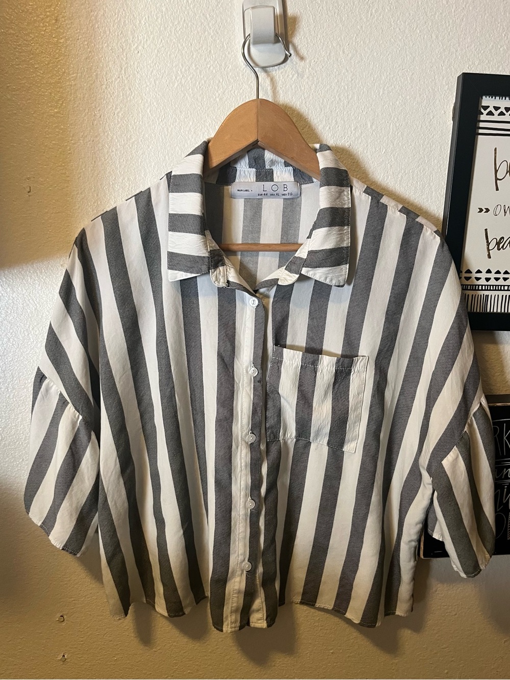 Woman’s Gray & White Vertical-Stripe Button Down crop Shirt